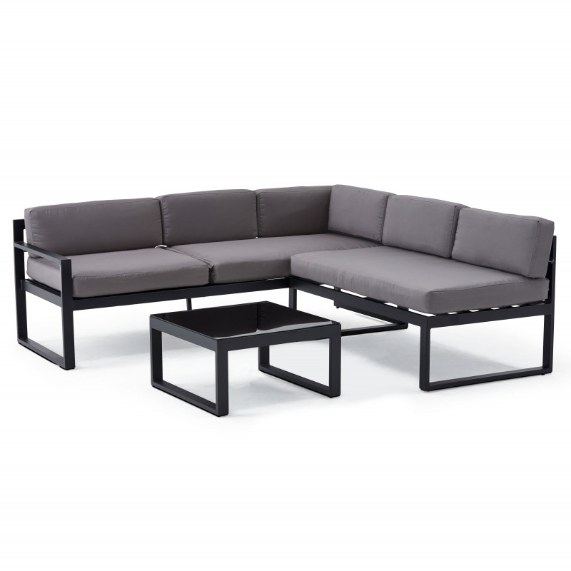 Salon de jardin d'angle 5 places avec coussins gris