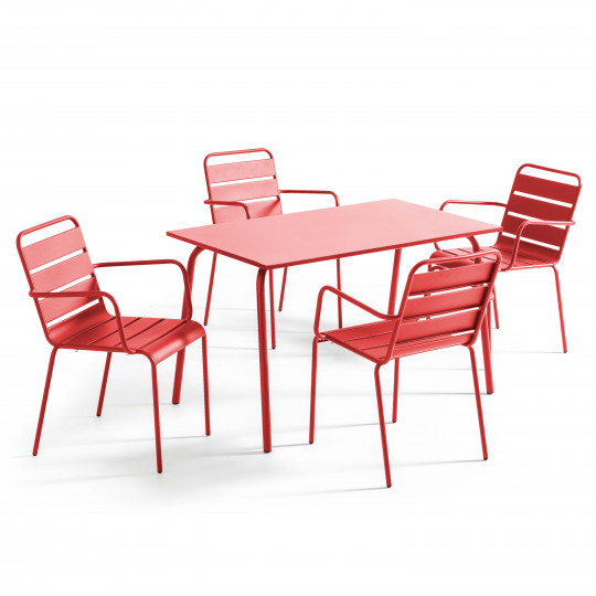 Table de terrasse en métal 120x70 cm et 4 chaises avec accoudoirs | Mobeventpro