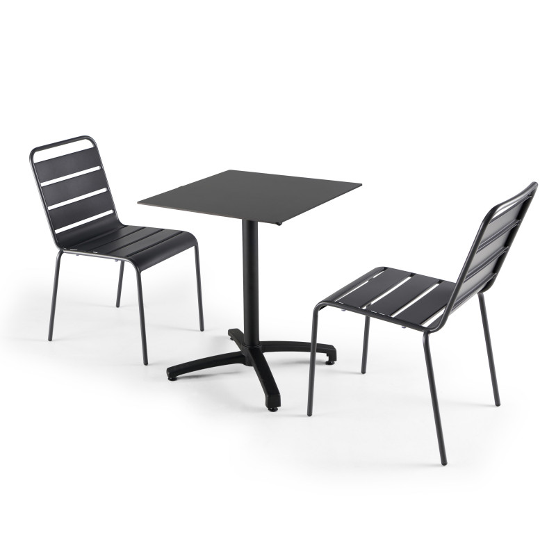 Ensemble de terrasse table carré inclinable (60x60cm) en HPL + 2 chaises en métal
