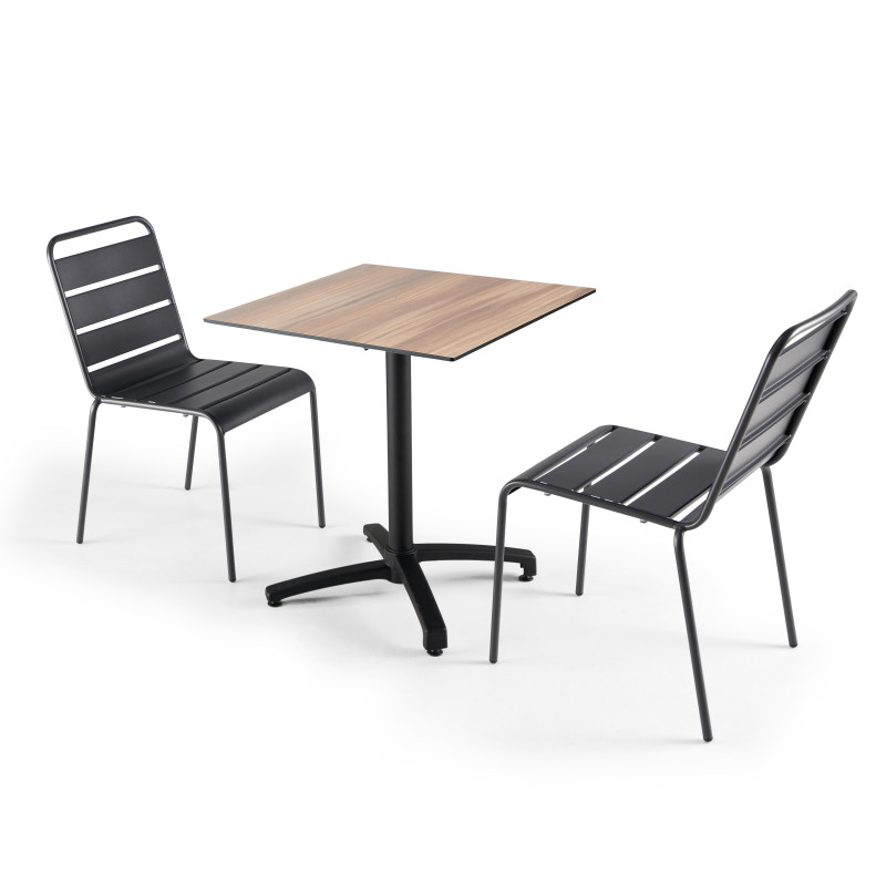 Ensemble de terrasse table carré inclinable (70x70 cm) HPL + 2 chaises en métal