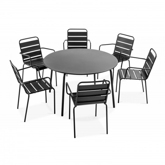 Ensemble table ronde (Ø120cm) + 6 fauteuils en métal