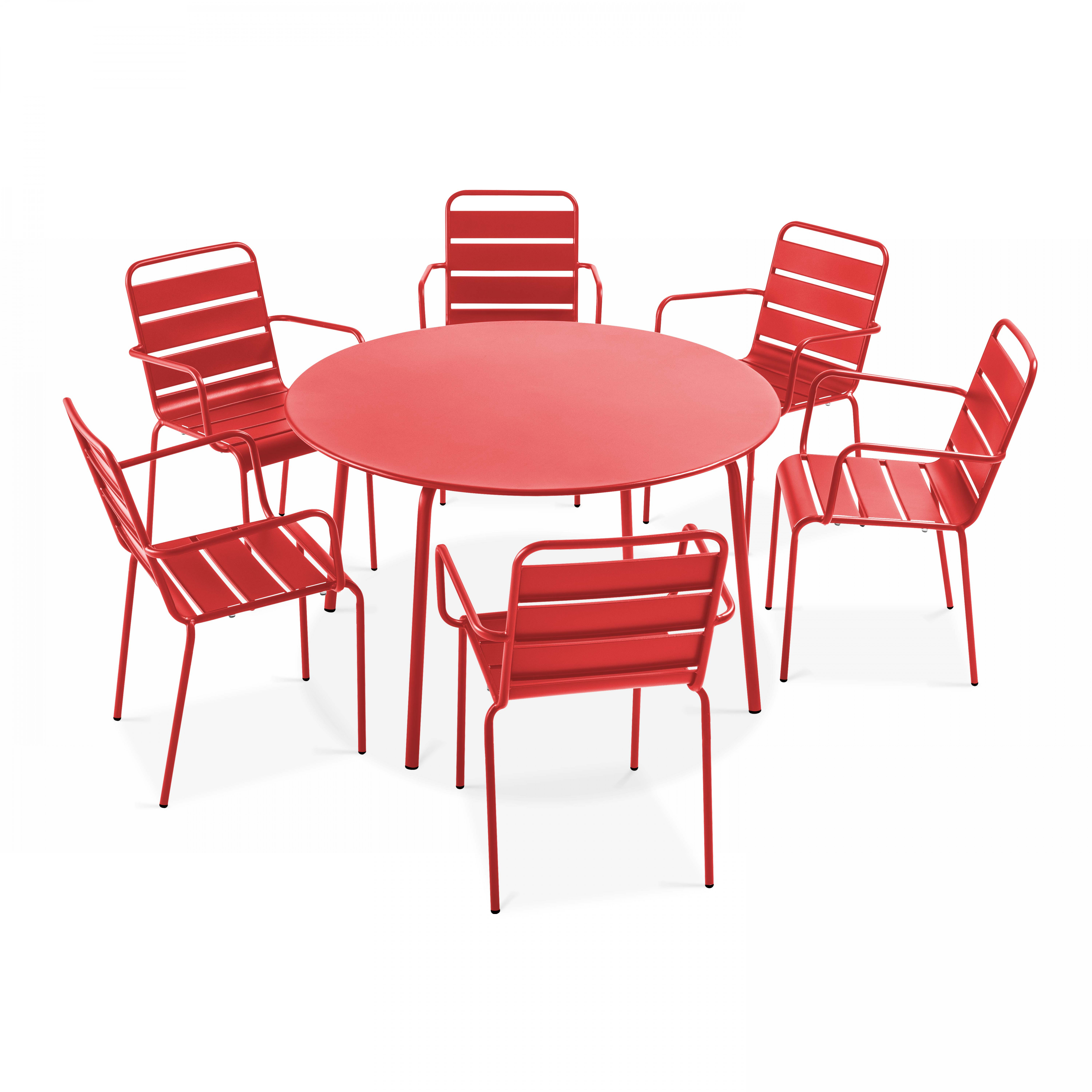 Table de terrasse ronde en métal Ø120 cm et 6 chaises avec accoudoirs