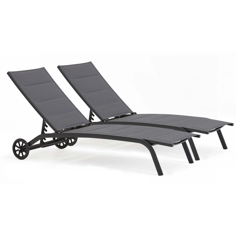 Lot de 2 bains de soleil sur roues en aluminium et textilène