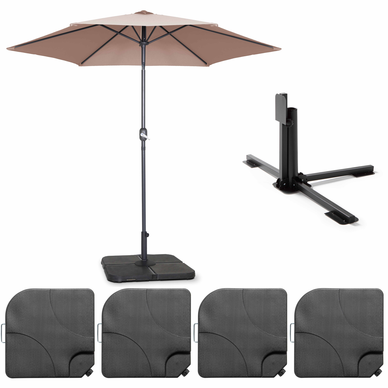 Ensemble parasol droit inclinable 180g/m² (Ø3m) avec pied pliant + 4 dalles à lester remplissables