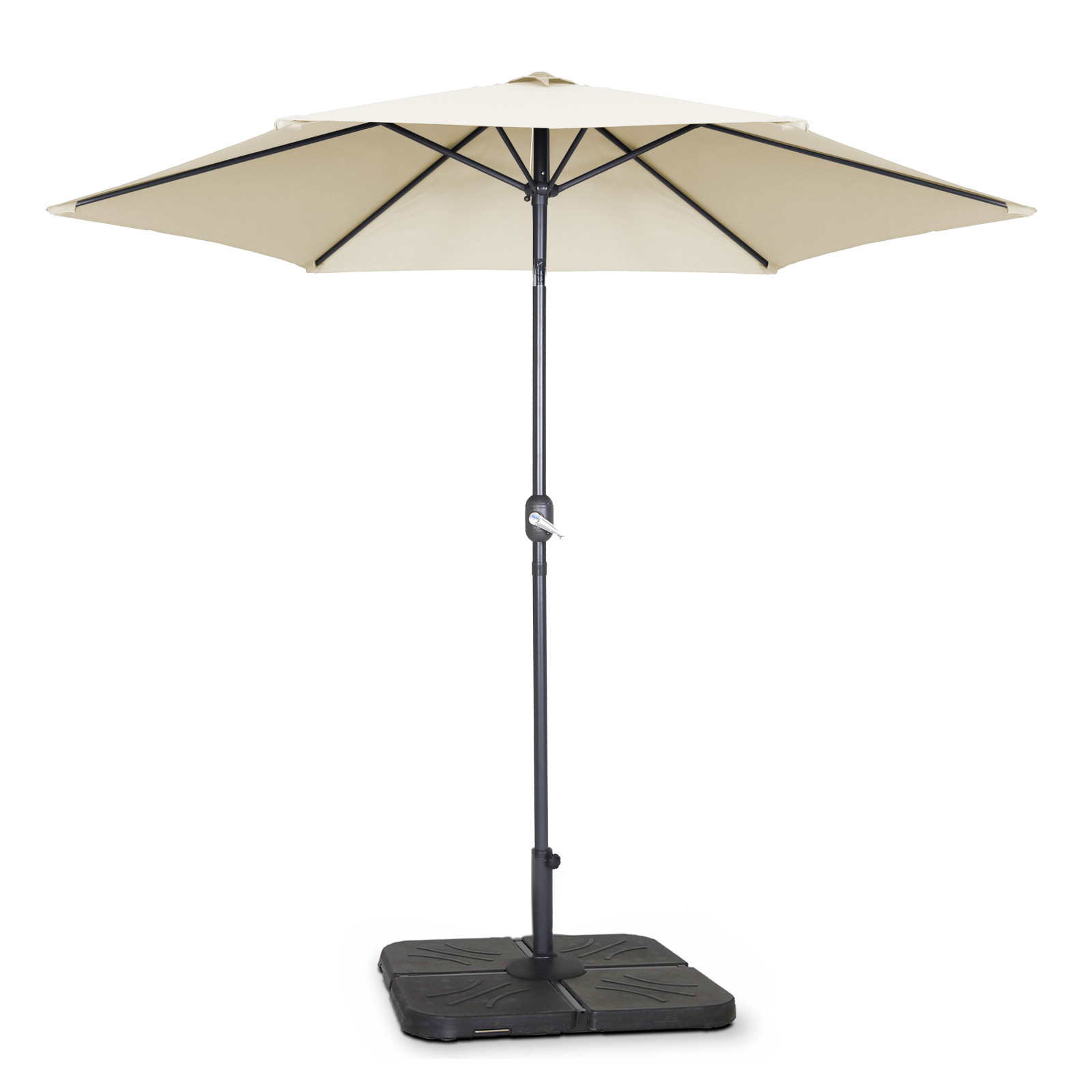 Ensemble parasol droit inclinable 180g/m² (Ø3m) avec pied pliant + 4 dalles à lester remplissables
