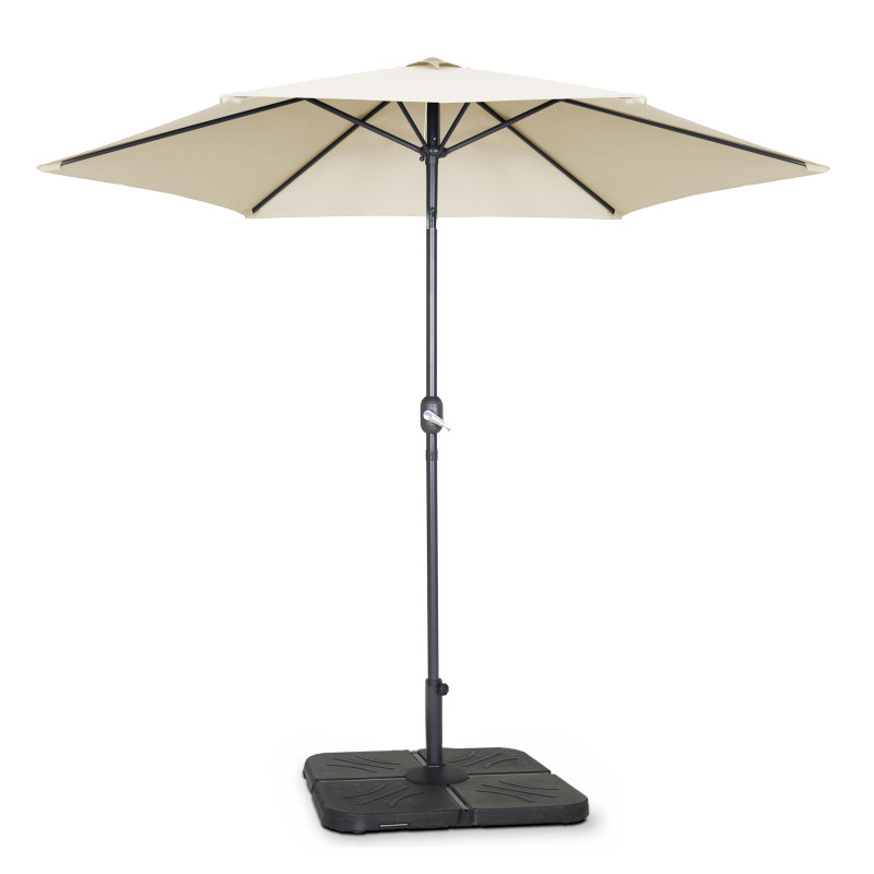 Ensemble parasol droit inclinable 180g/m² (Ø3m) avec pied pliant + 4 dalles à lester remplissables