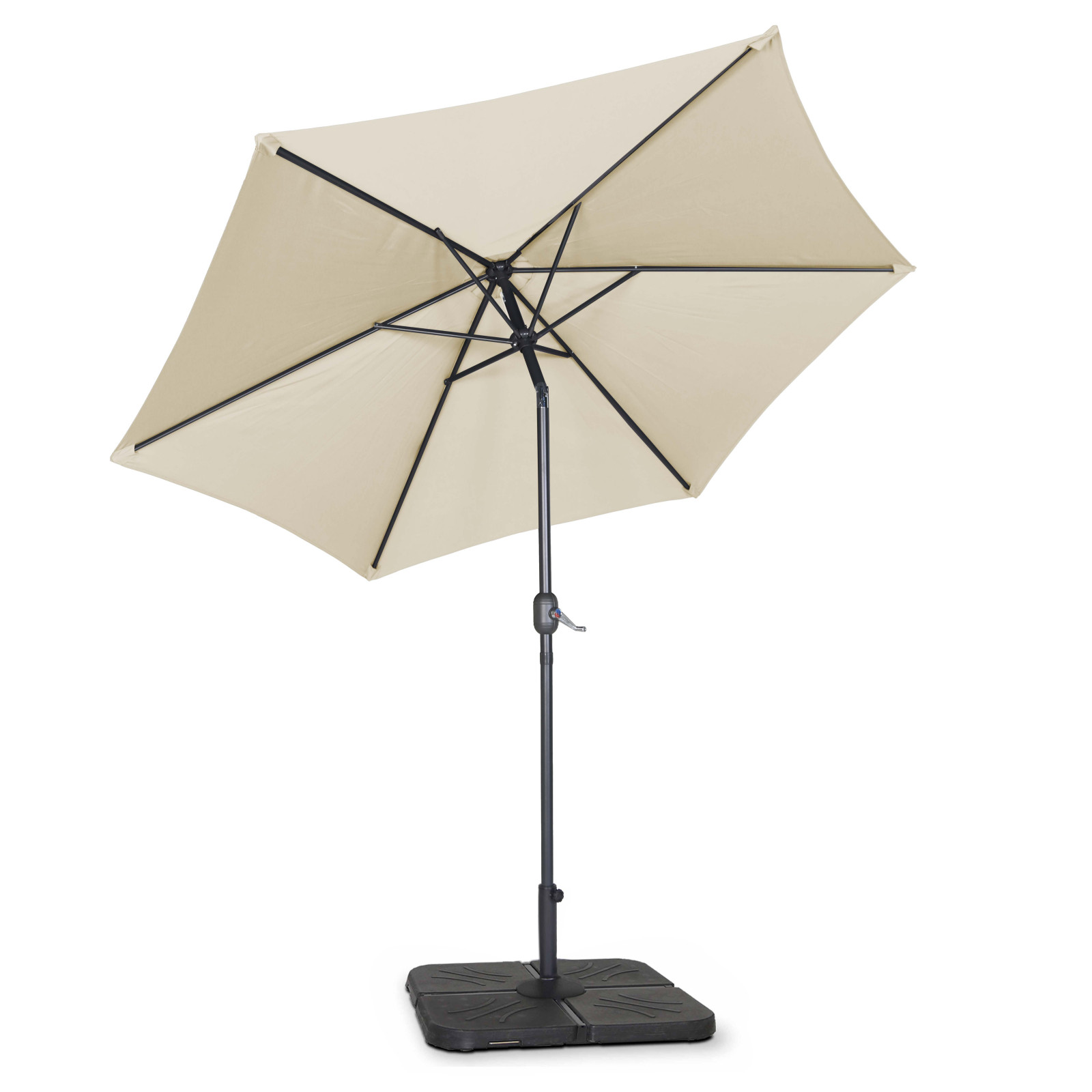 Ensemble parasol droit inclinable 180g/m² (Ø3m) avec pied pliant + 4 dalles à lester remplissables