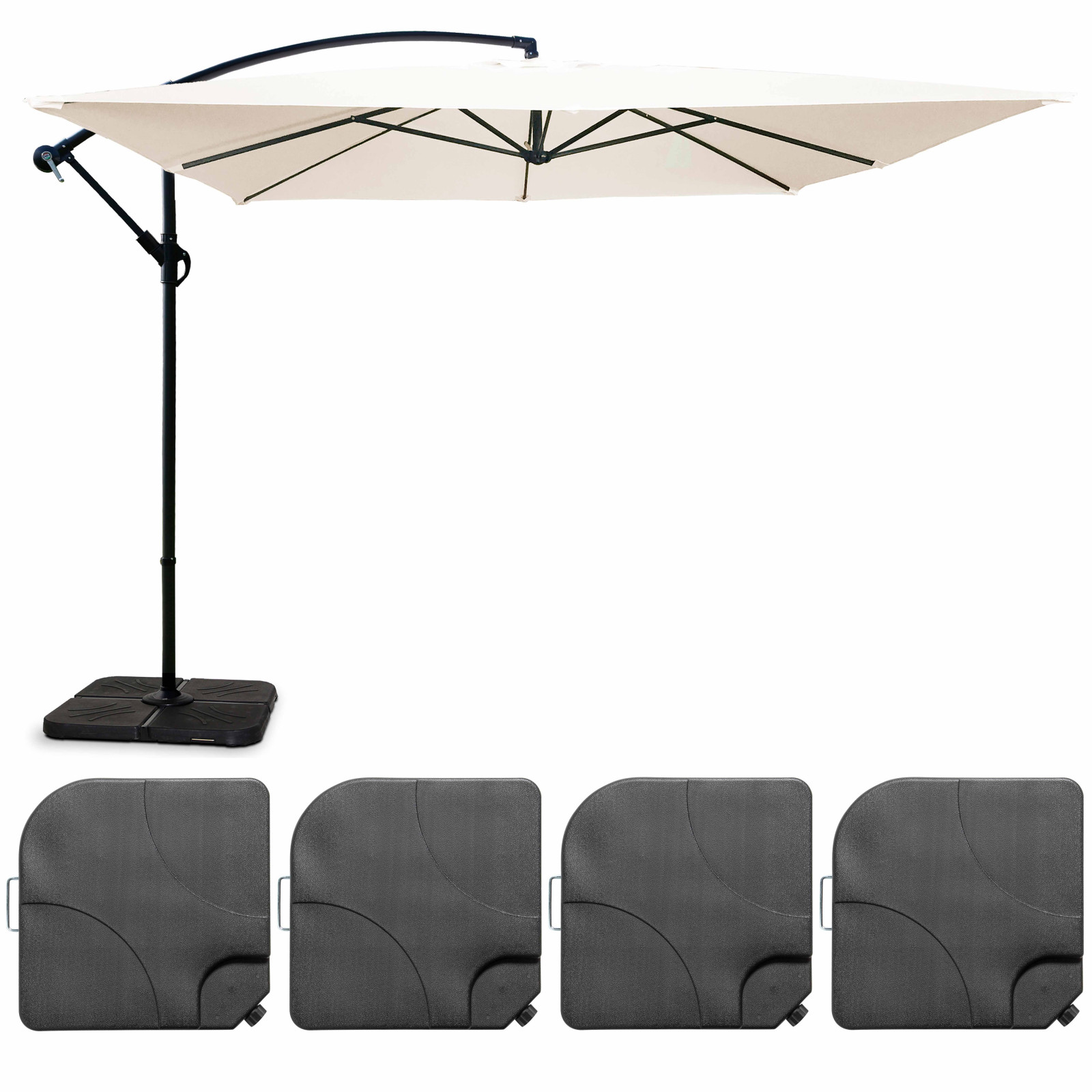 Ensemble parasol déporté carré inclinable 160g/m² (3 x 3 m)  + 4 dalles à lester remplissables