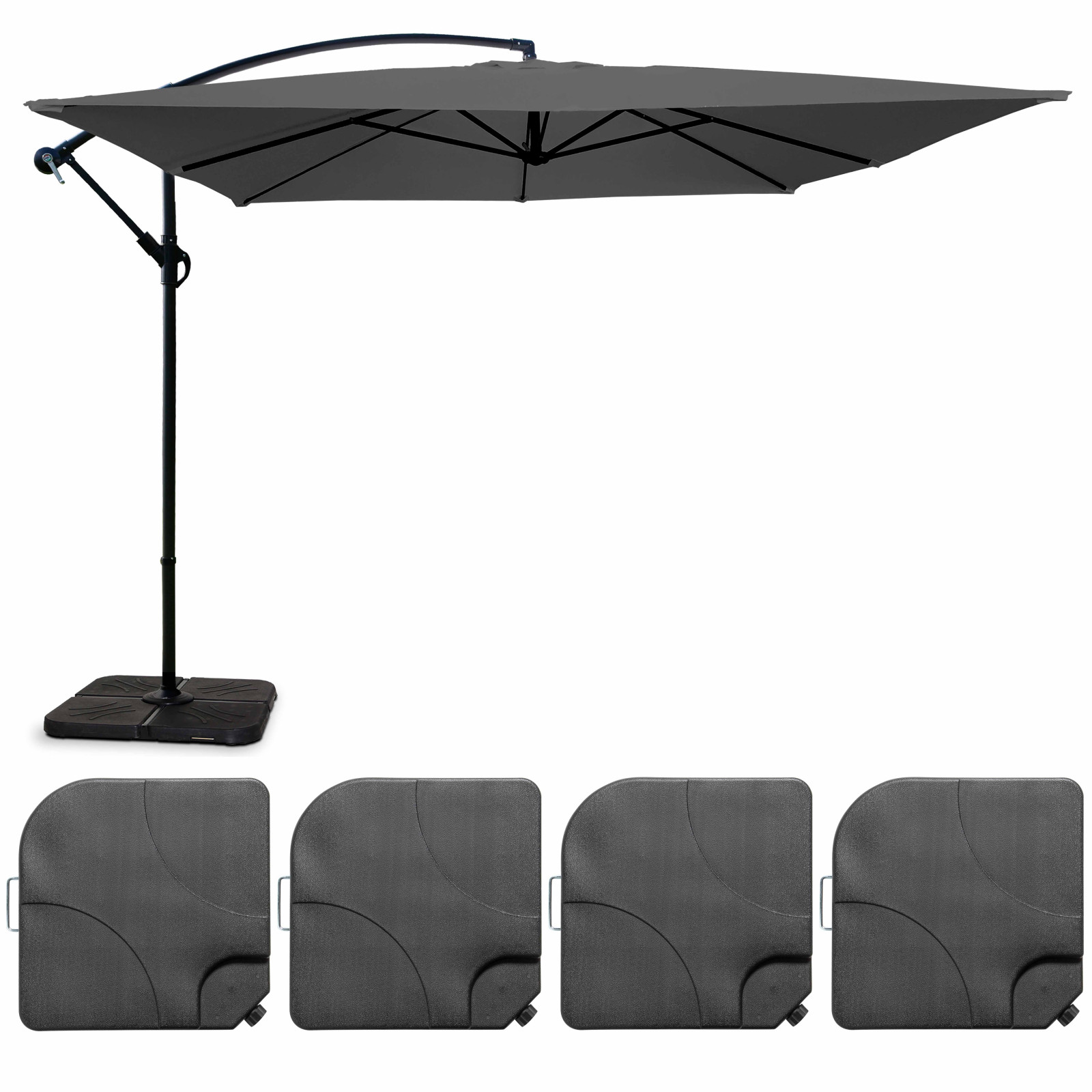 Ensemble parasol déporté carré inclinable 160g/m² (3 x 3 m)  + 4 dalles à lester remplissables