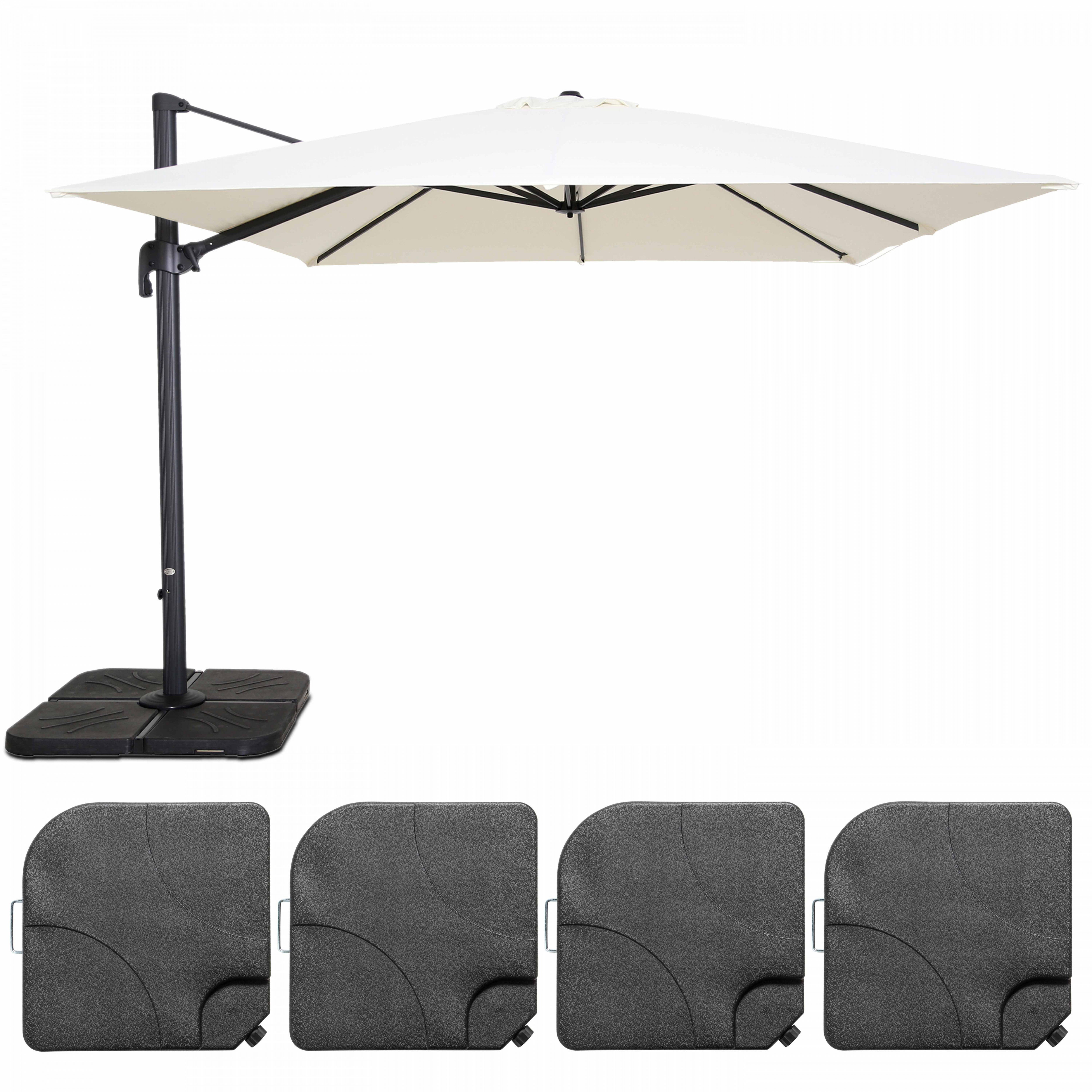 Parasol déporté professionnel 3x3 m carré inclinable 250g/m² rotatif 360° et 4 dalles à lester remplissables