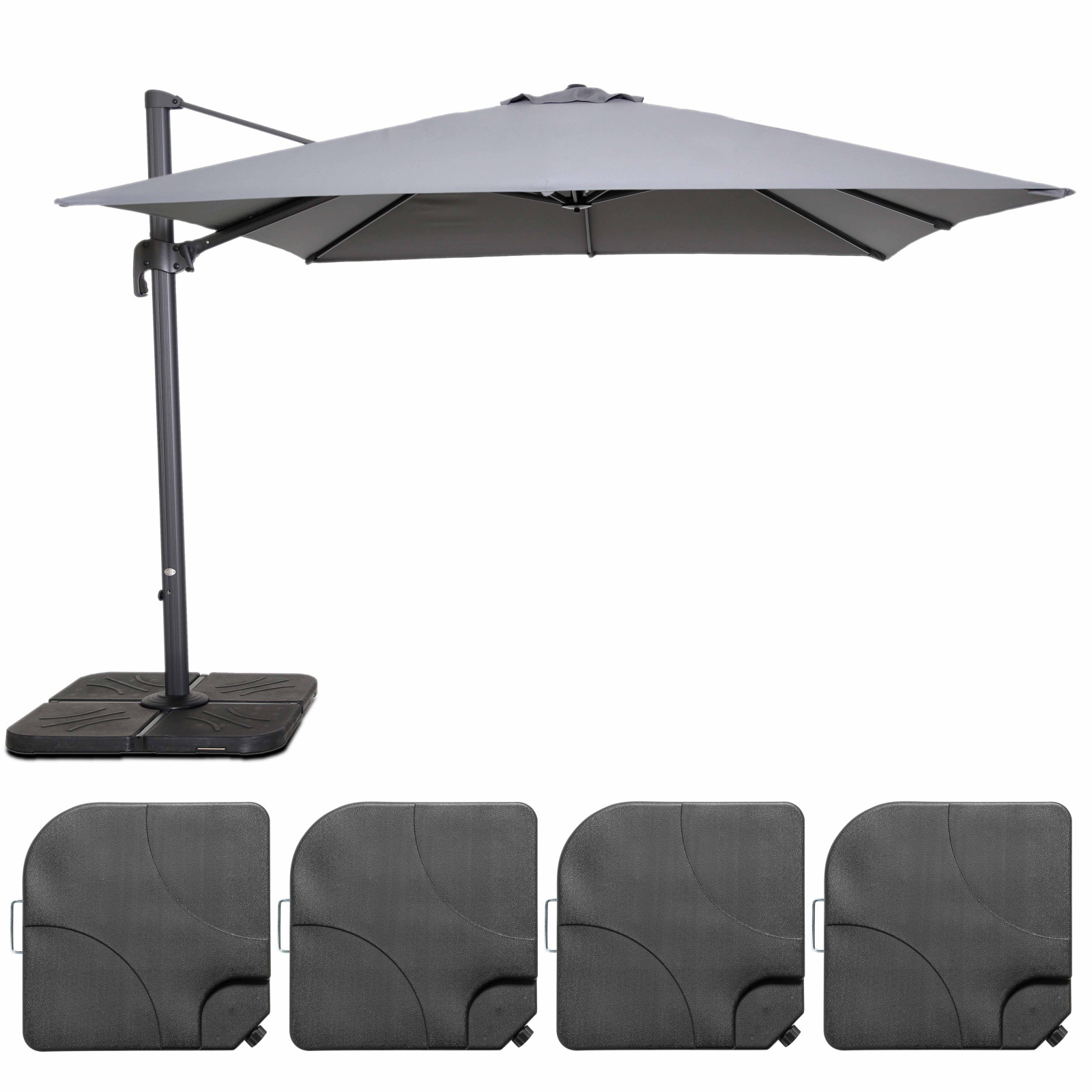 Ensemble parasol déporté carré 250g/m² (3 x 3m) rotatif 360° + 4 dalles à lester remplissables