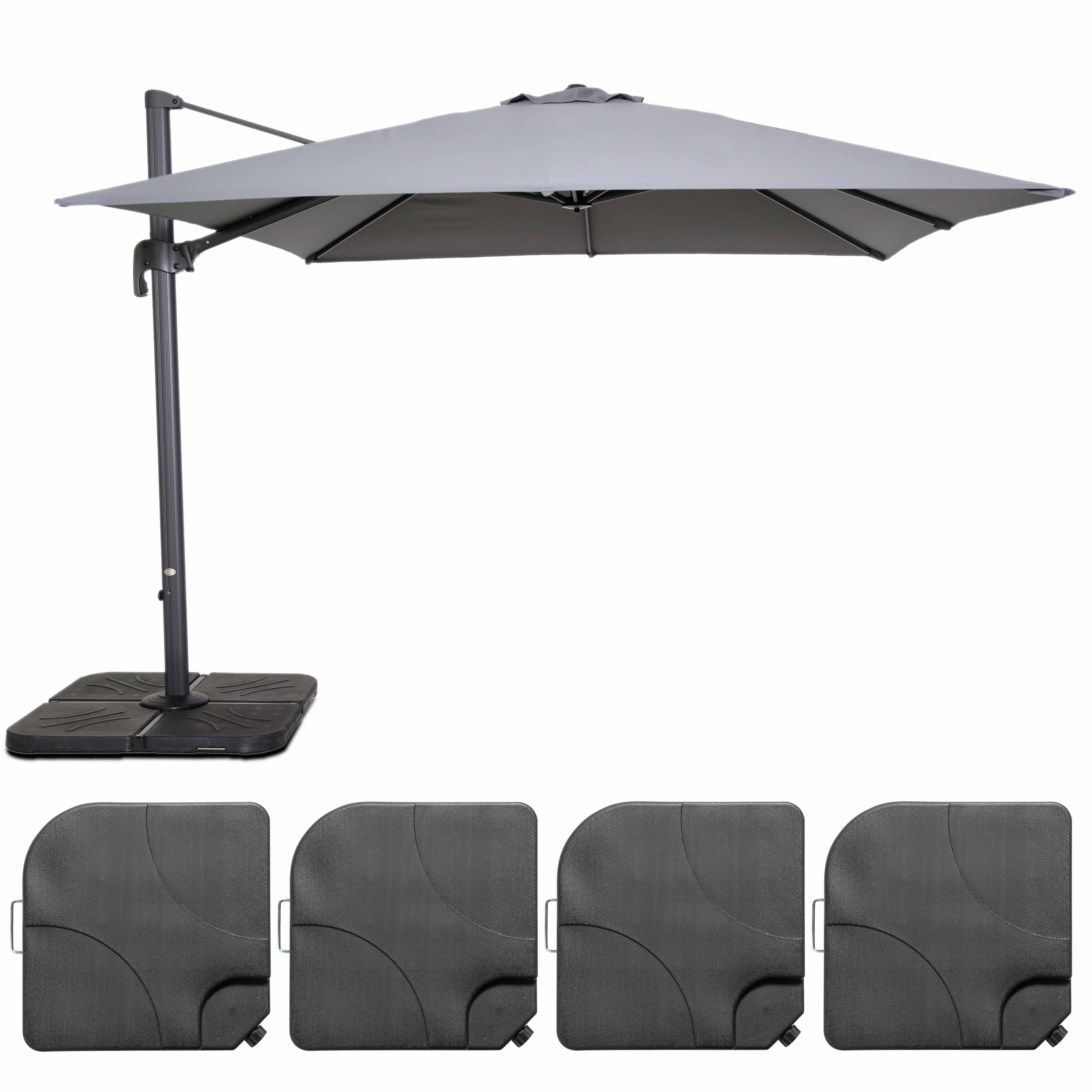 Parasol déporté professionnel 3x3 m carré inclinable 250g/m² rotatif 360° et 4 dalles à lester remplissables