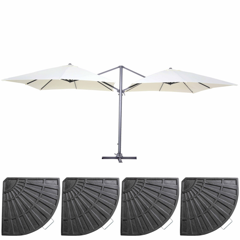 Ensemble double parasol déporté carré (3 x 3m) 250g/m² + 4 dalles lestées