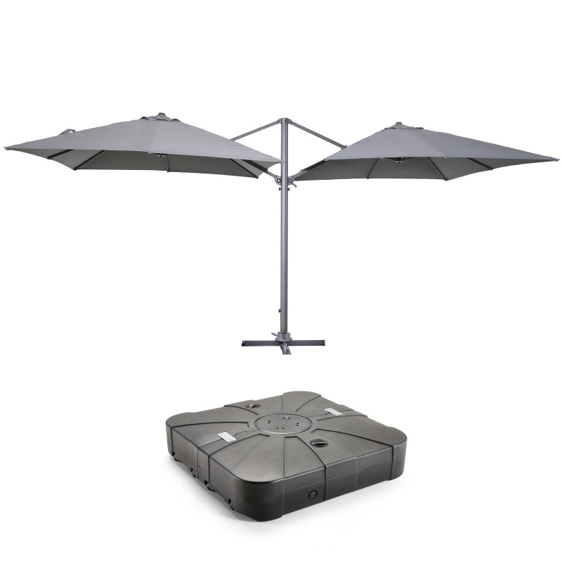 Ensemble double parasol déporté carré (3 x 3m) 250g/m² + dalle à lester sur roues 110L