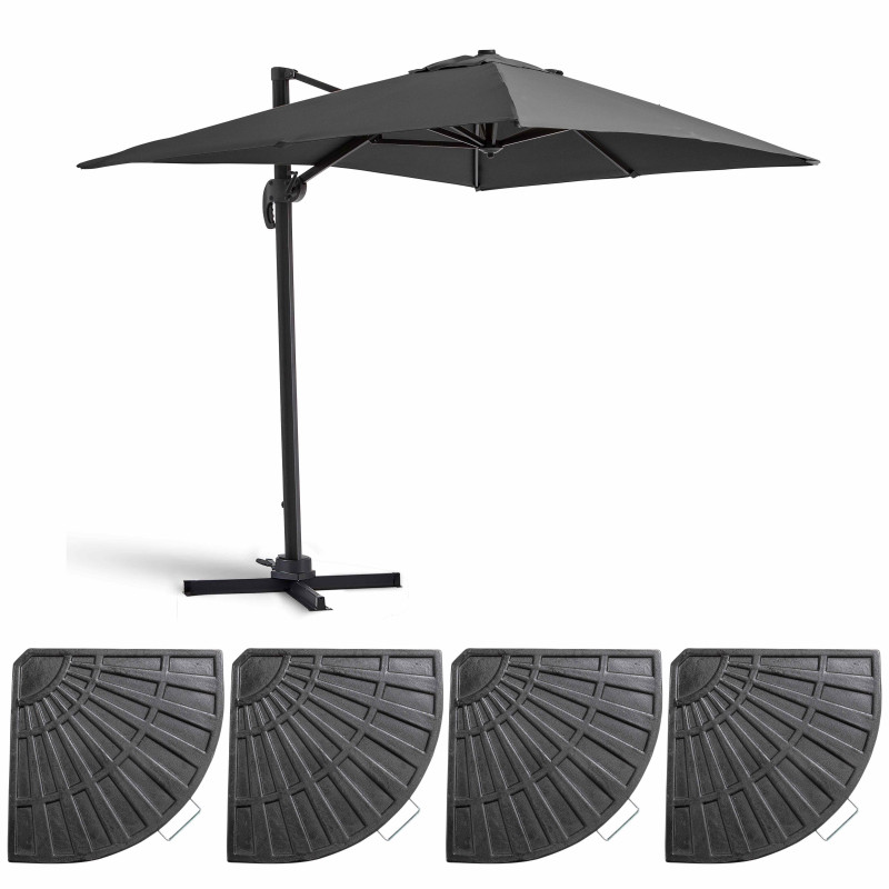 Ensemble parasol déporté rectangulaire 240g/m² rotatif 360 (2 x 3m) + 4 dalles lestées