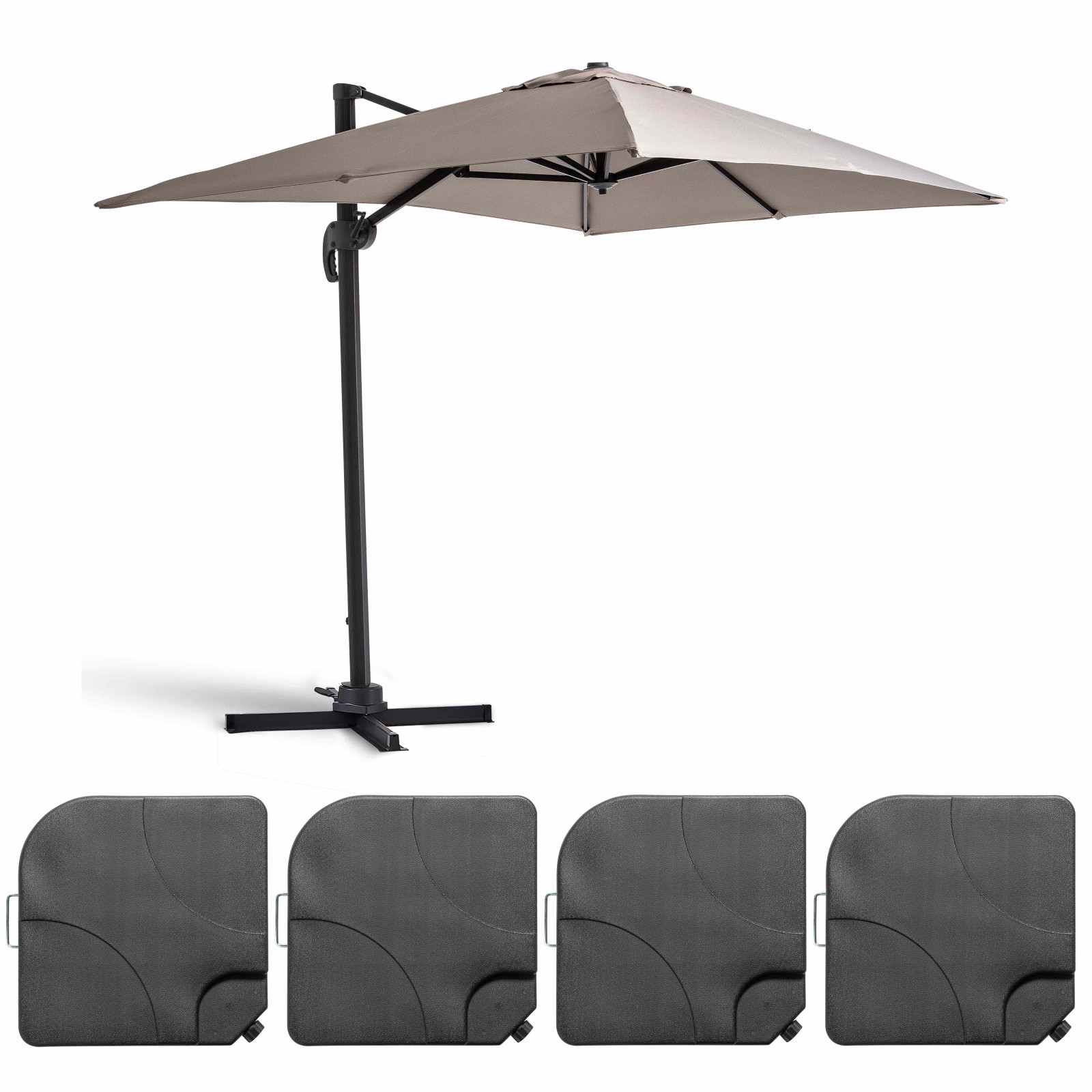Ensemble parasol déporté rectangulaire 240g/m² (2x3m) rotatif 360° + 4 dalles à lester remplissables