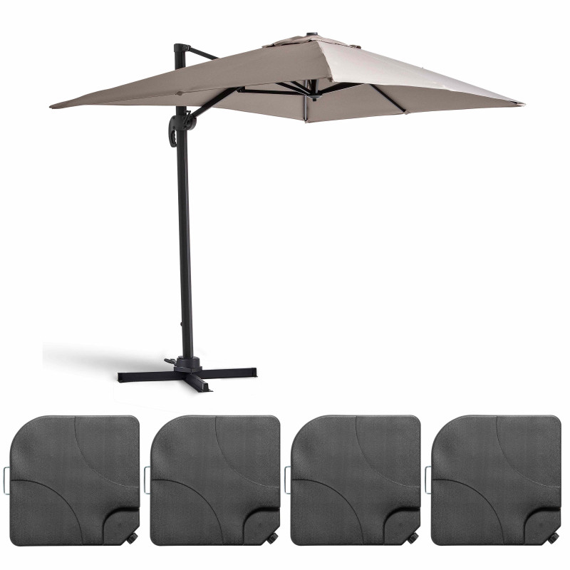 Ensemble parasol déporté rectangulaire 240g/m² (2x3m) rotatif 360° + 4 dalles à lester remplissables