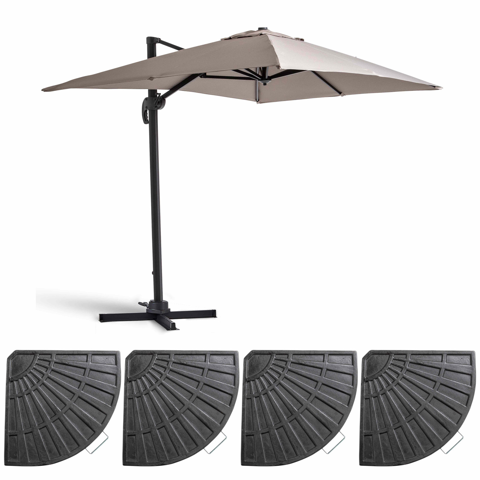 Ensemble parasol déporté rectangulaire 240g/m² rotatif 360 (2 x 3m) + 4 dalles lestées