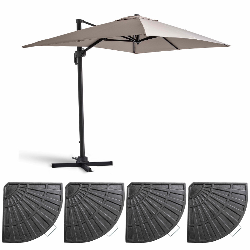 Ensemble parasol déporté rectangulaire 240g/m² rotatif 360 (2 x 3m) + 4 dalles lestées