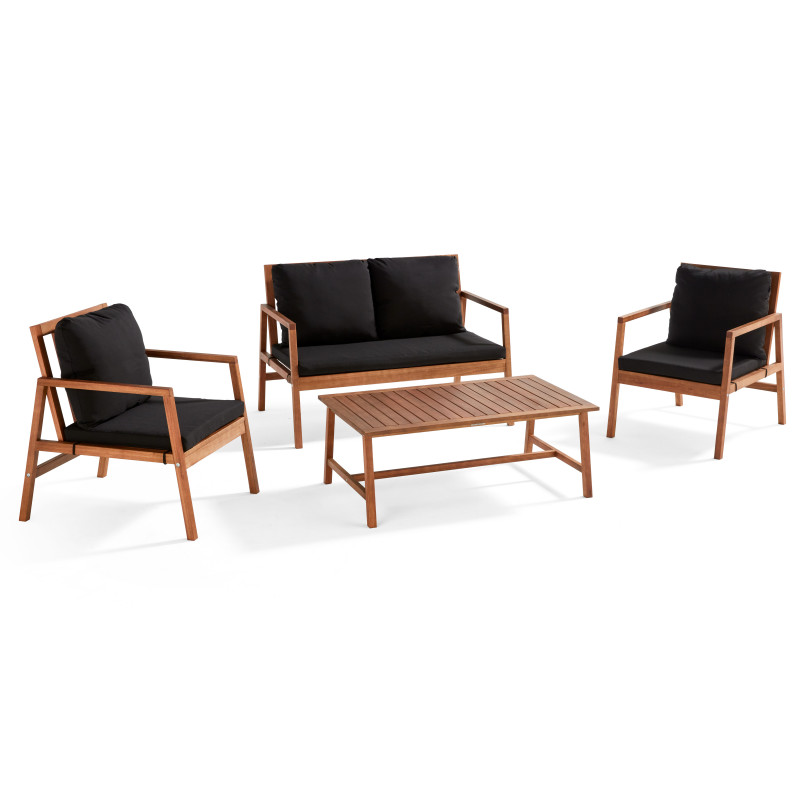 Salon de jardin en bois d'eucalyptus avec 1 canapé, 2 fauteuils et table basse