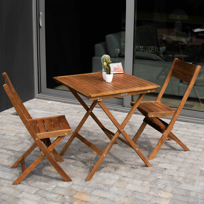 Table carrée et 2 chaises pliantes en bois d'eucalyptus | Mobeventpro