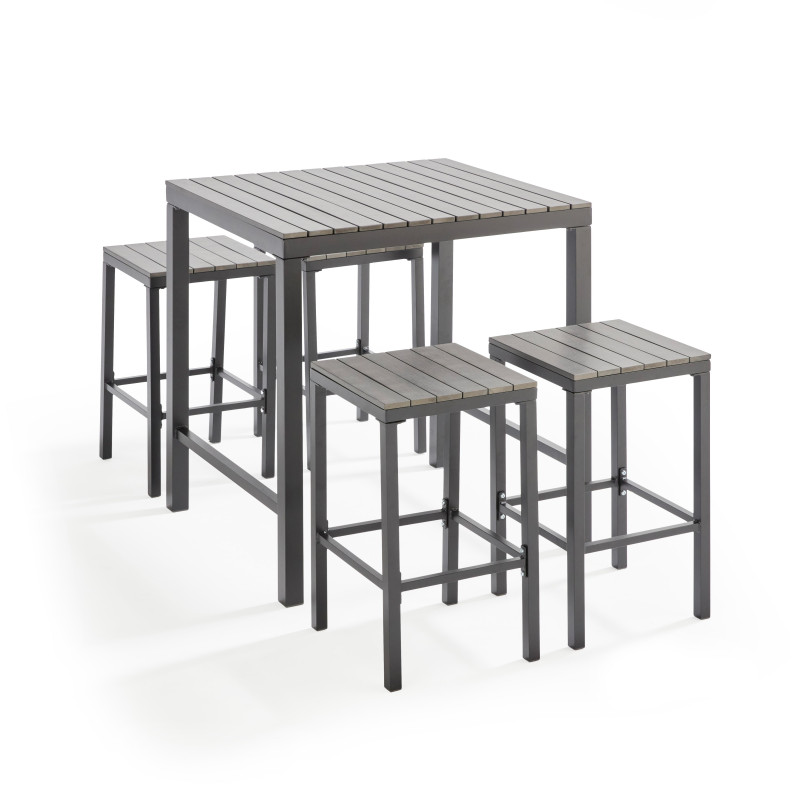 Table de terrasse haute avec 4 tabourets en aluminium et composite