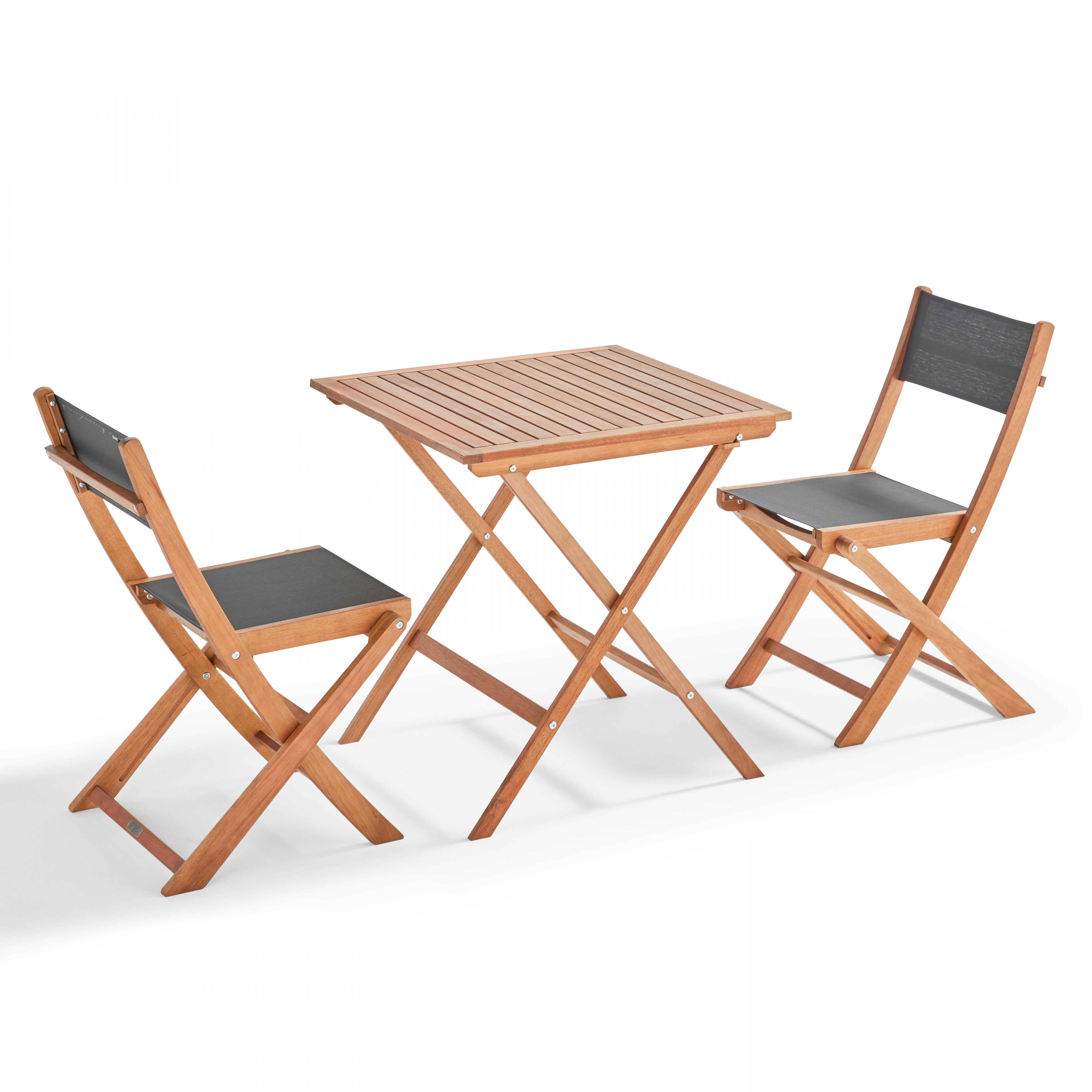 Table de terrasse carrée pliante en bois d'eucalyptus FSC 70x70 cm et 2 chaises pliantes en textilène