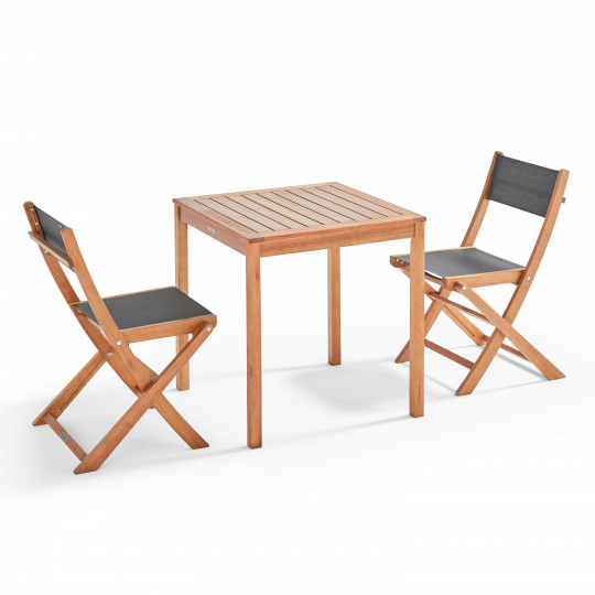 Table de terrasse carrée en bois d'eucalyptus FSC® 70x70 cm et 2 chaises pliantes en textilène | Mobeventpro