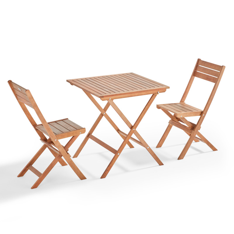 Table carrée et 2 chaises pliantes en bois d'eucalyptus