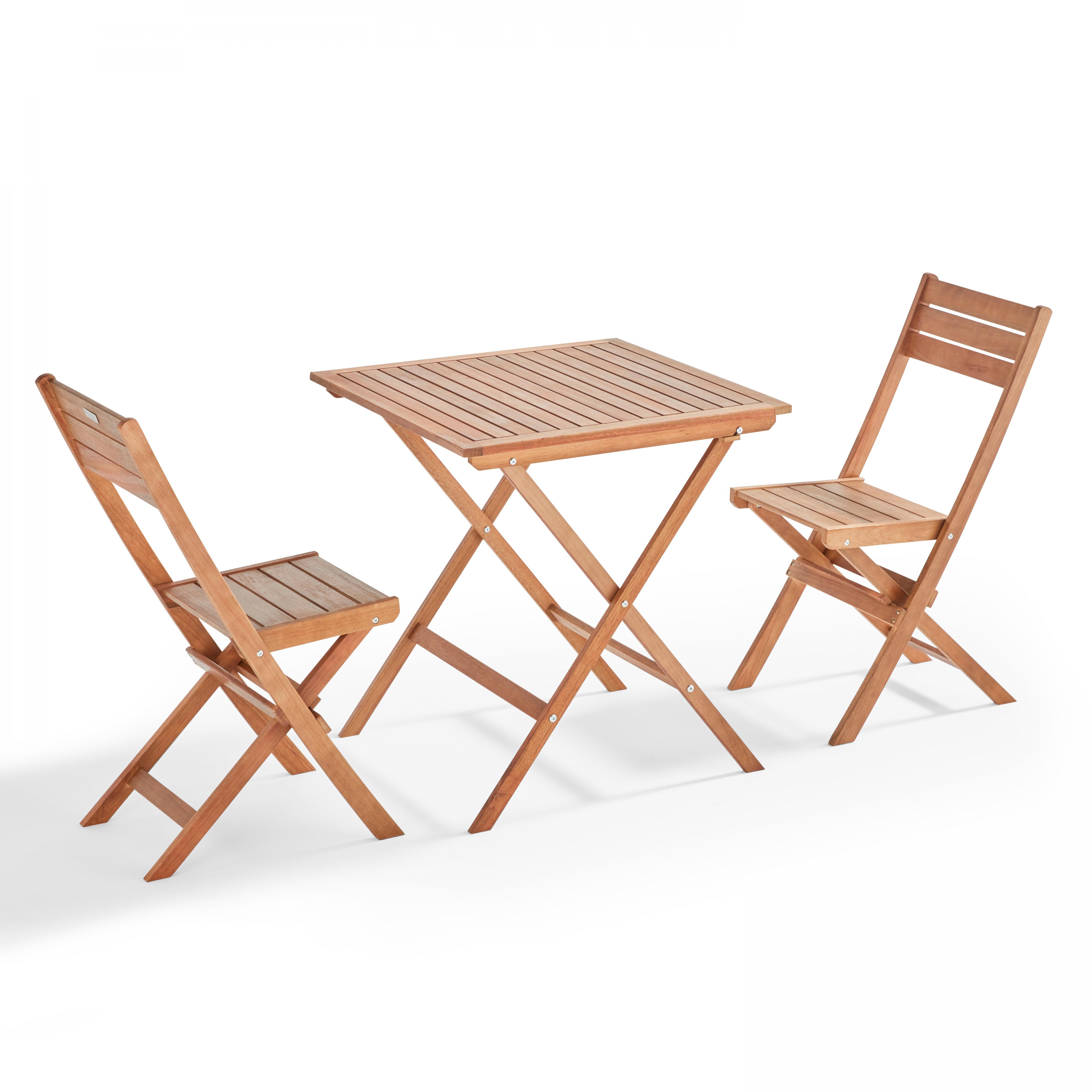 Table de terrasse carrée pliante en bois d'eucalyptus FSC 70x70 cm et 2 chaises pliantes