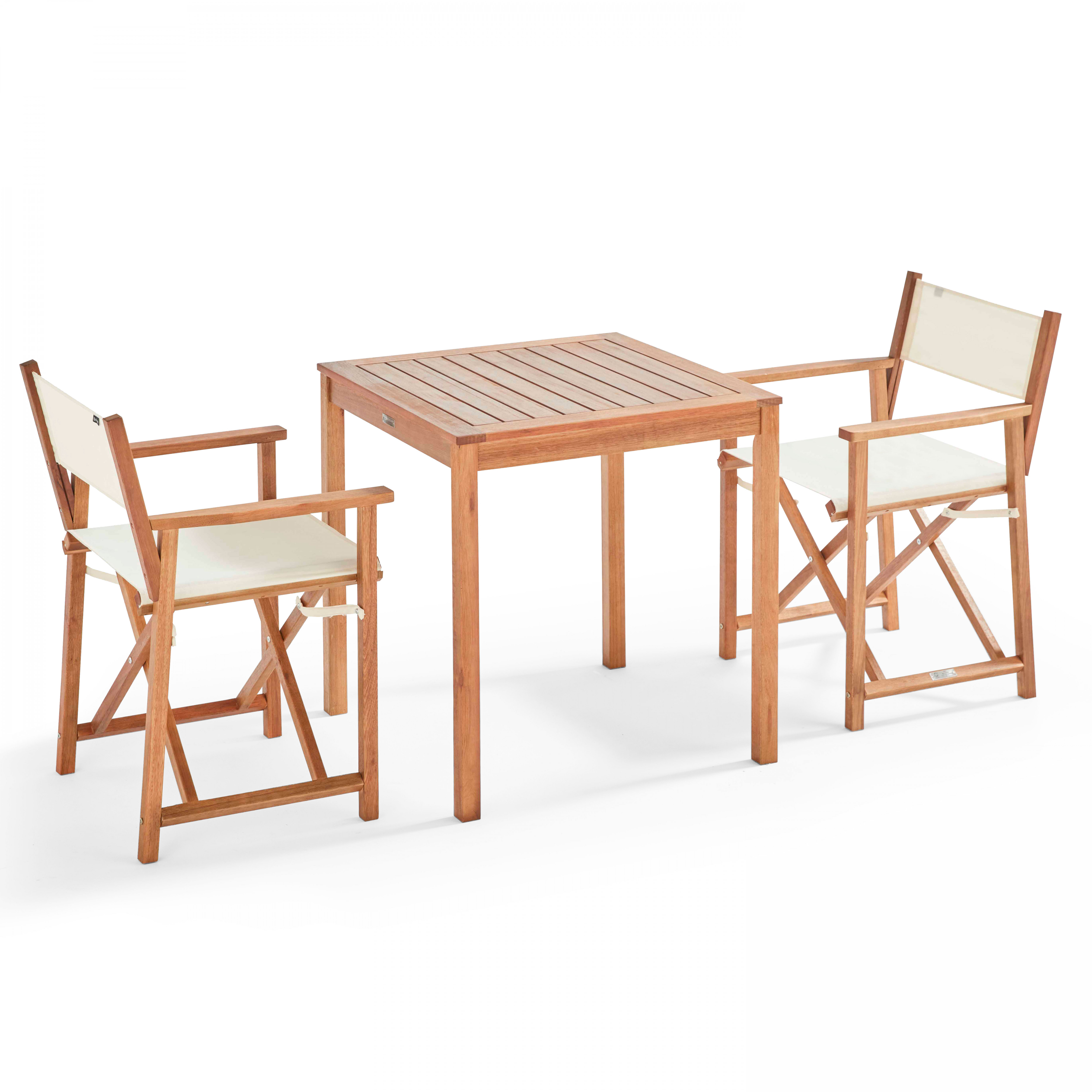 Table de terrasse carrée en bois d'eucalyptus FSC 70x70 cm et 2 chaises avec accoudoirs pliantes en textilène