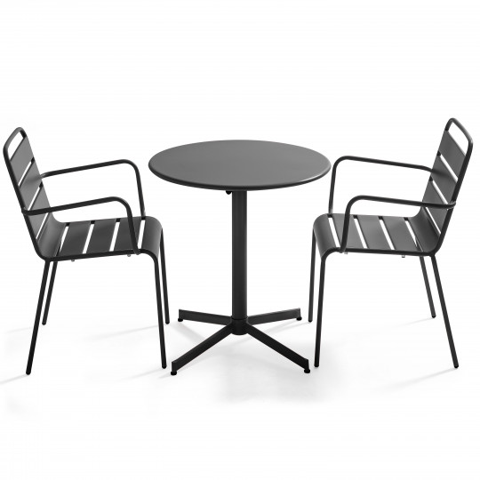 Table de terrasse bistrot ronde inclinable en métal Ø70 cm et 2 chaises avec accoudoirs | Mobeventpro