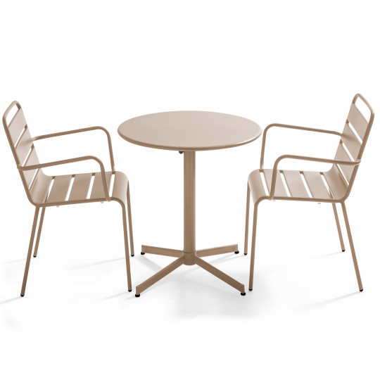 Ensemble table ronde avec plateau inclinable (⌀70cm) et 2 fauteuils en métal