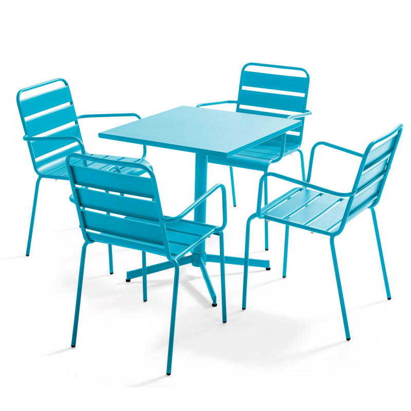 Ensemble table carrée avec plateau inclinable (70x70 cm) + 4 fauteuils en métal