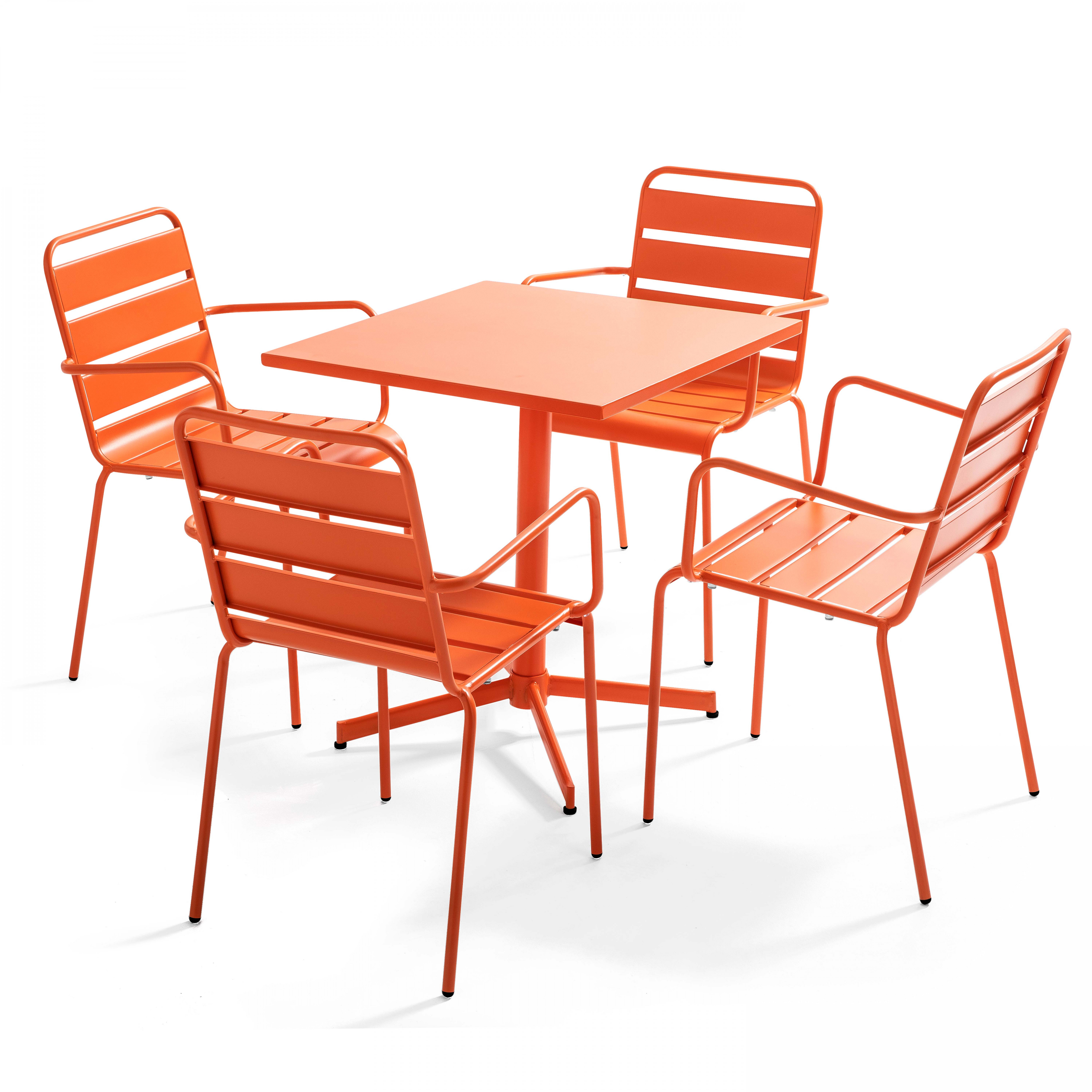 Table de terrasse bistrot carrée inclinable en métal 70x70 cm et 4 chaises avec accoudoirs
