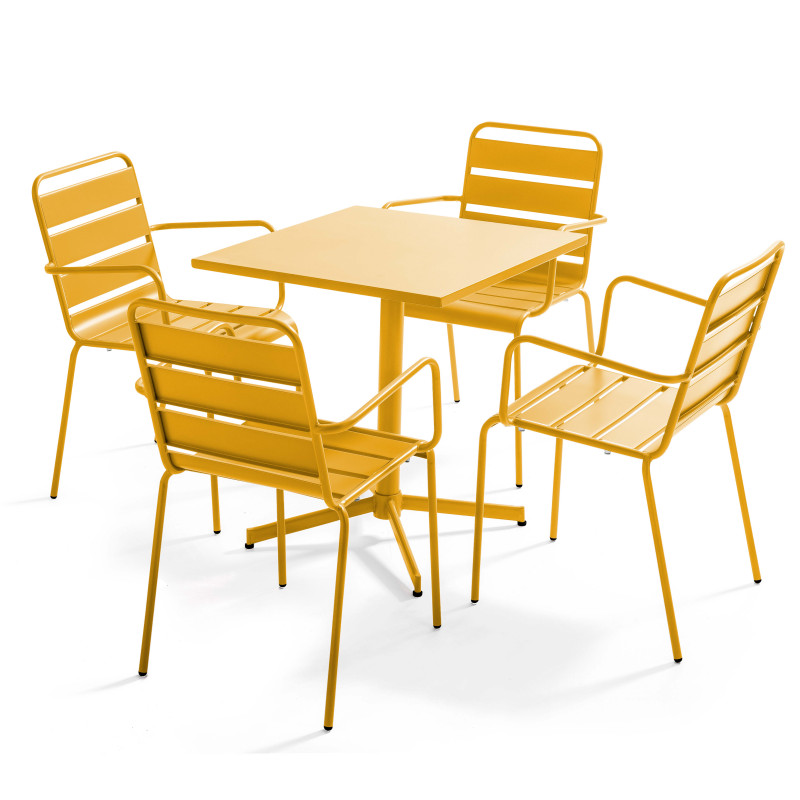 Ensemble table carrée avec plateau inclinable (70x70 cm) + 4 fauteuils en métal