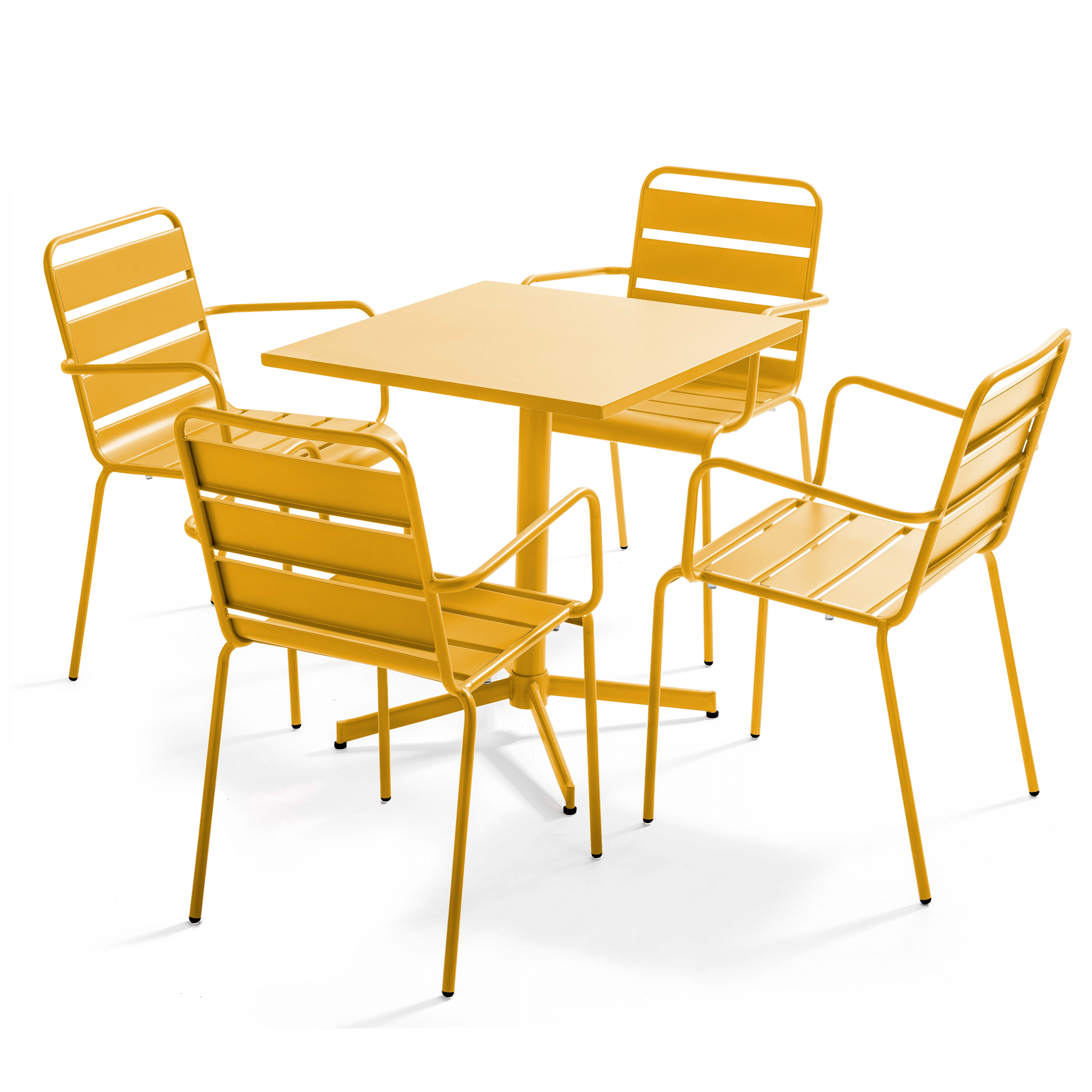 Table de terrasse bistrot carrée inclinable en métal 70x70 cm et 4 chaises avec accoudoirs