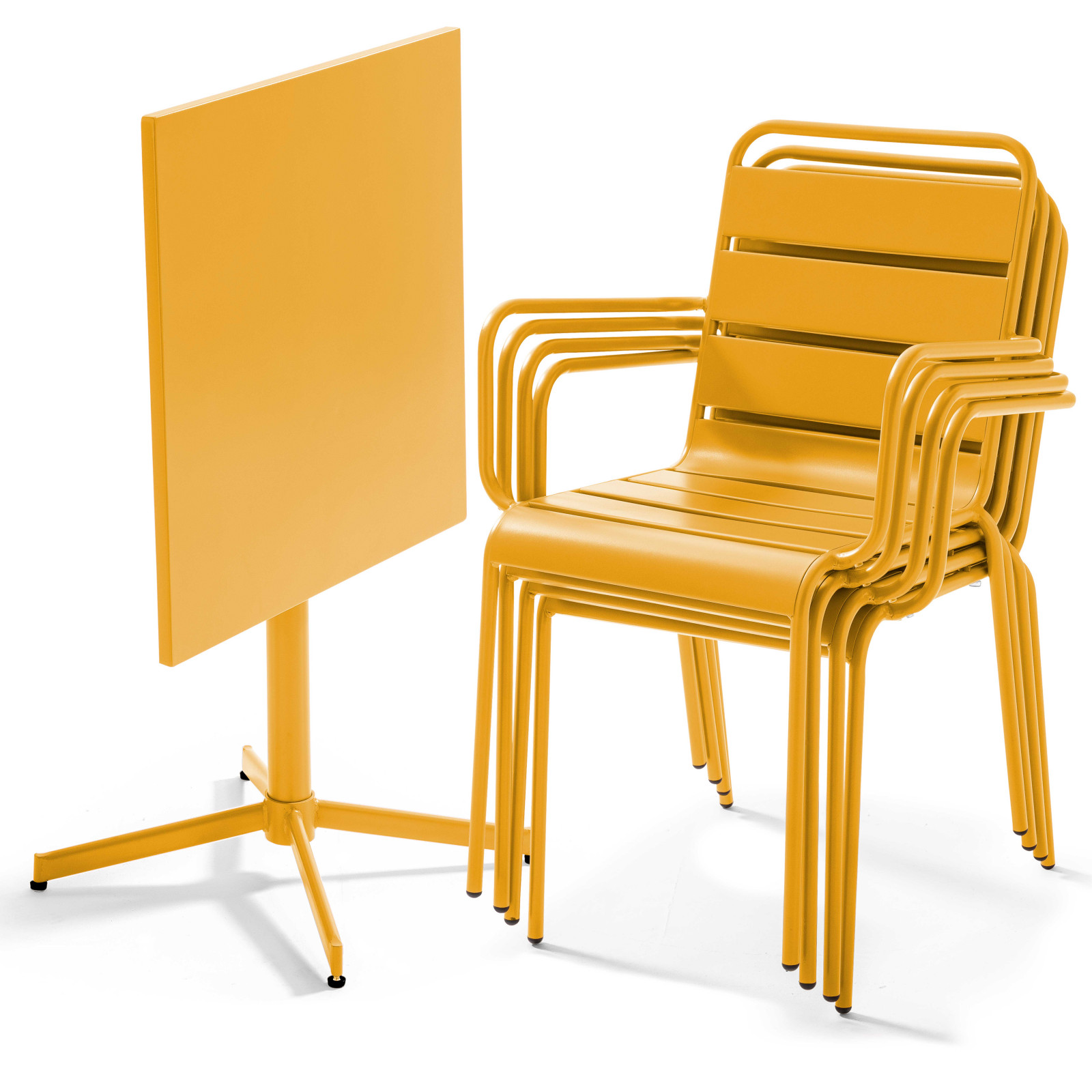 Ensemble table carrée avec plateau inclinable (70x70 cm) + 4 fauteuils en métal