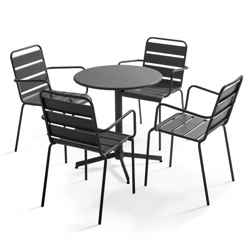 Ensemble table ronde avec plateau inclinable (⌀70cm) + 4 fauteuils en métal
