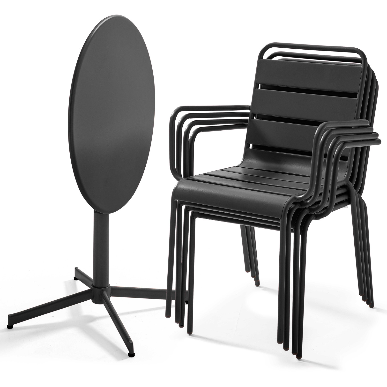 Ensemble table ronde avec plateau inclinable (⌀70cm) + 4 fauteuils en métal