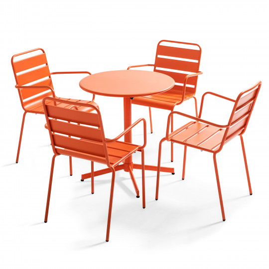 Table de terrasse bistrot ronde inclinable en métal Ø70 cm et 4 chaises avec accoudoirs | Mobeventpro