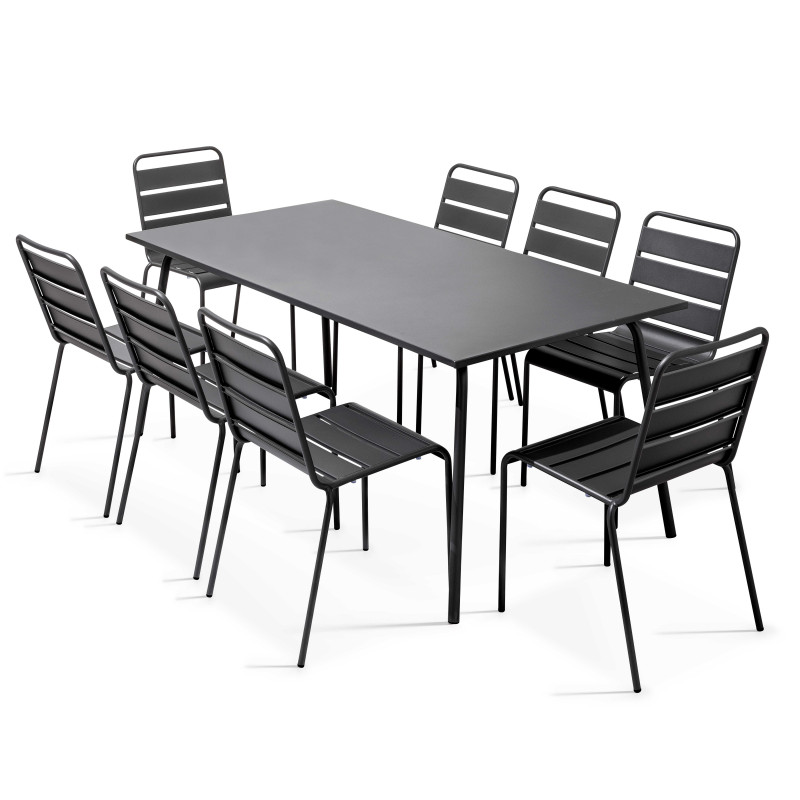 Ensemble table rectangulaire 180 cm + 8 chaises en métal