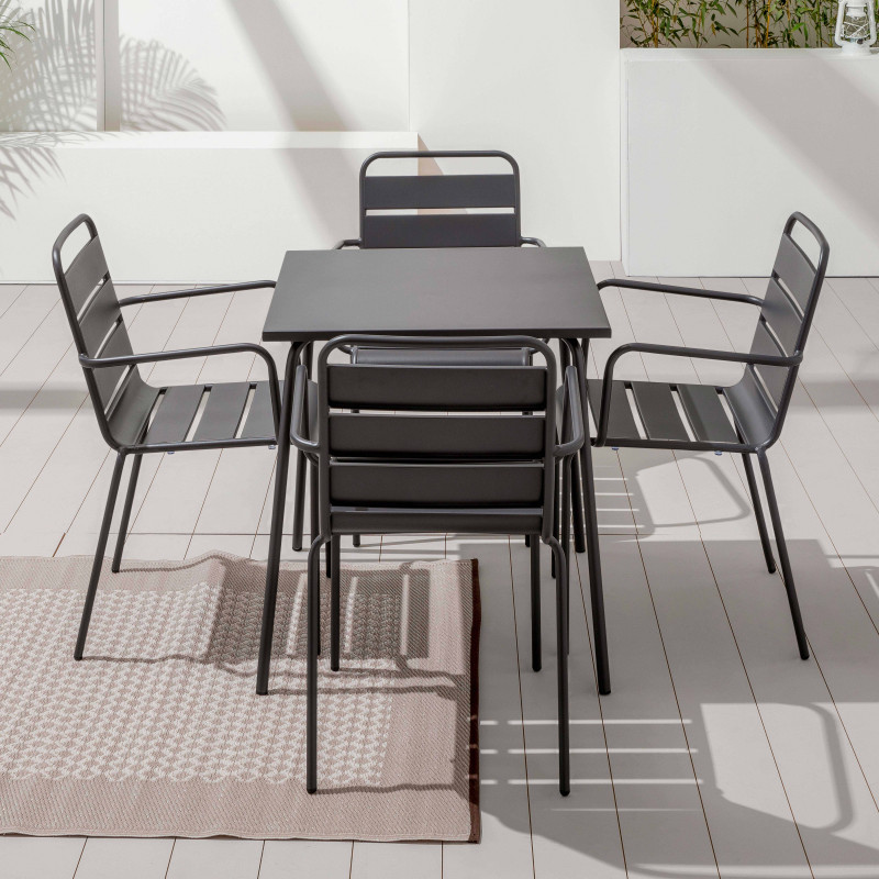 Ensemble table carrée (70x70 cm) + 4 chaises en métal
