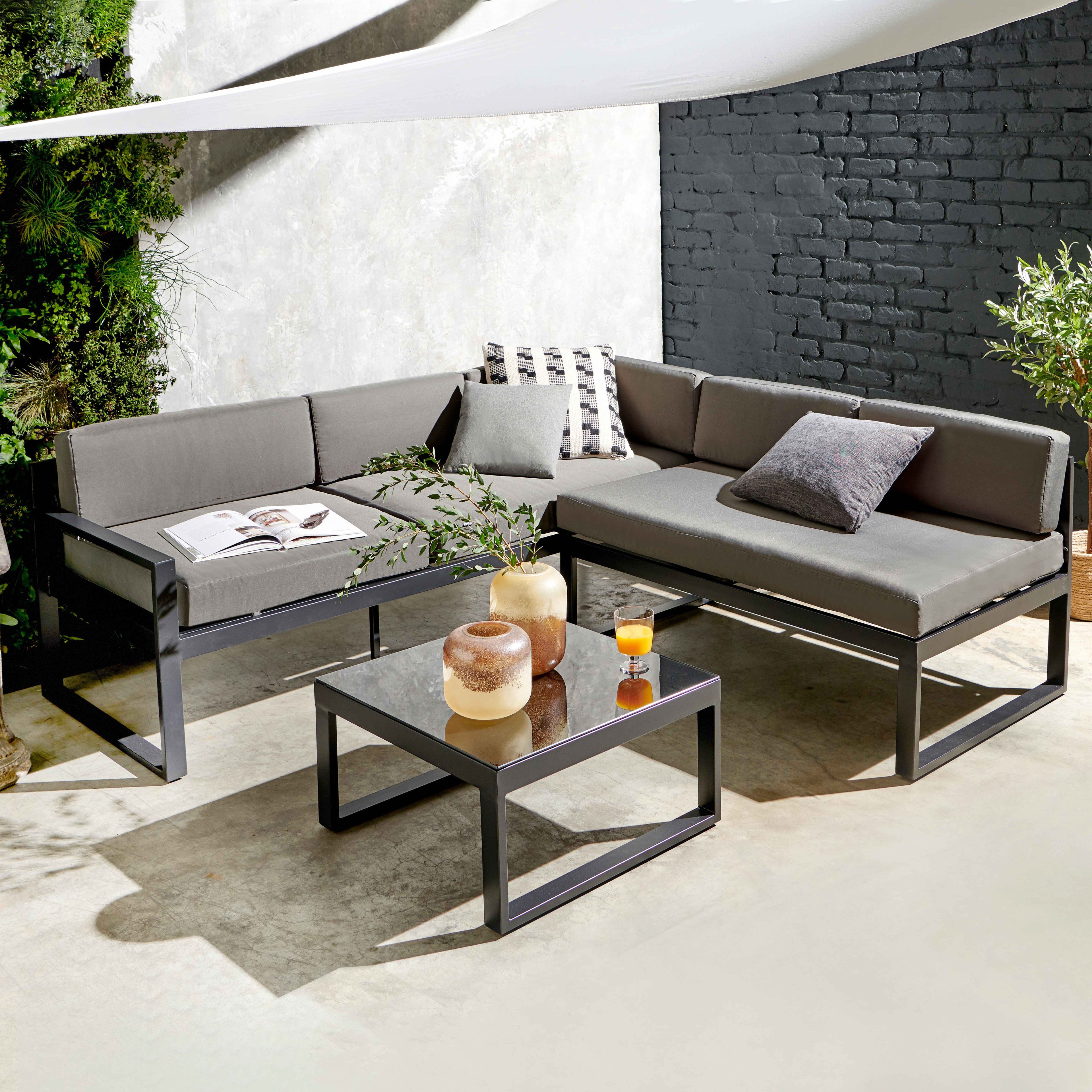 Mobilier de jardin de luxe : canapé angle design 5 places acier brossé Lotos