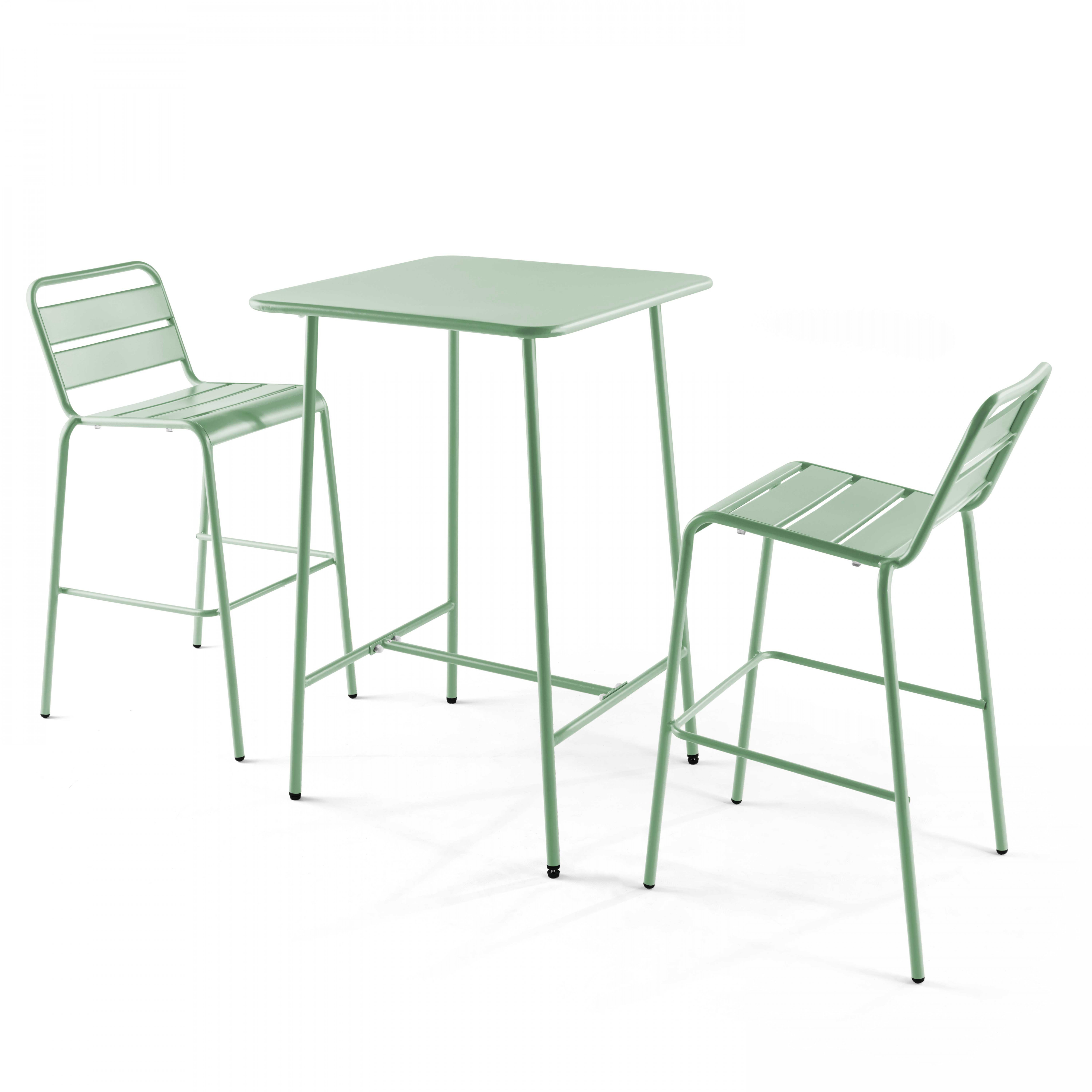 Table haute de terrasse bistrot carrée en métal 70x70 cm et 2 chaises hautes