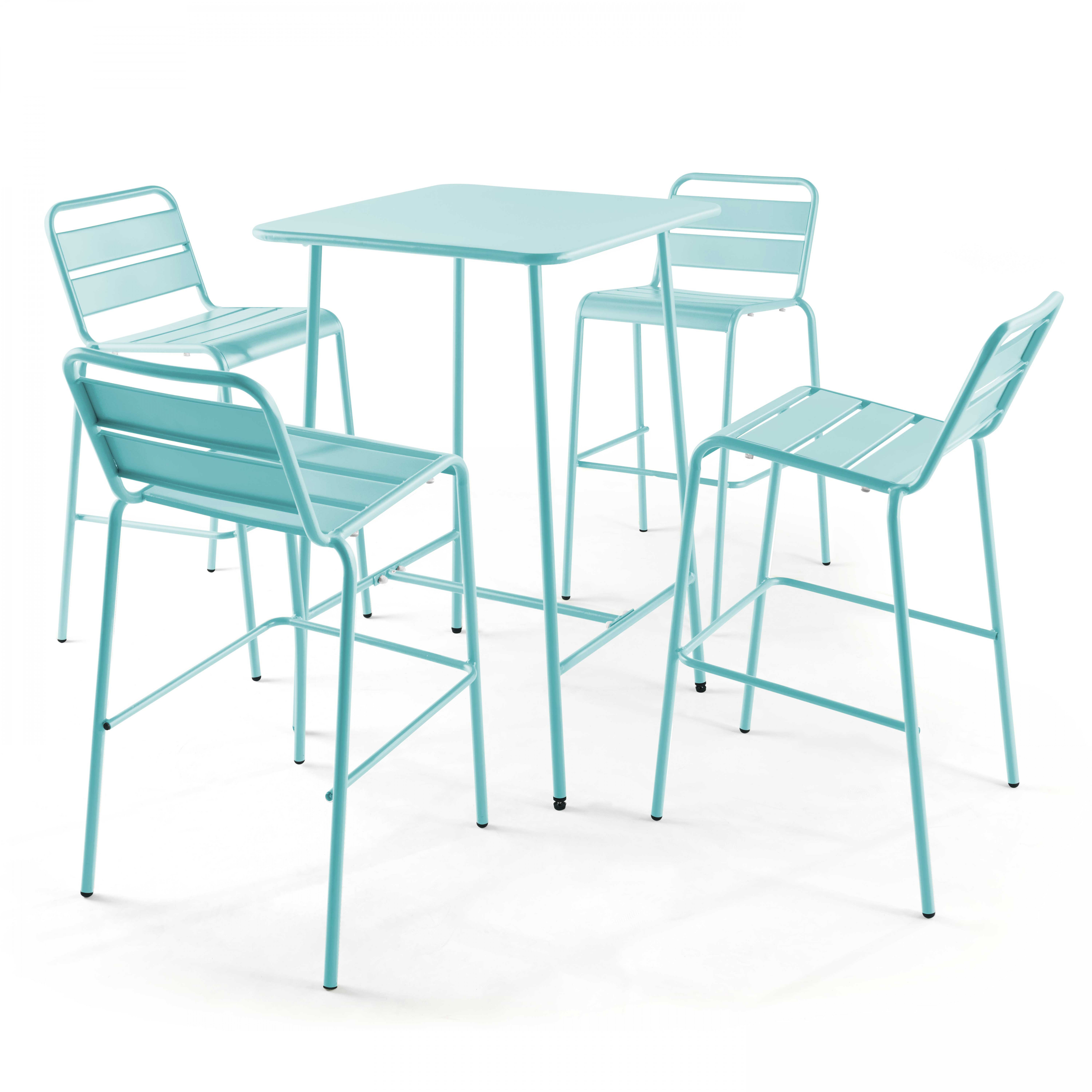 Table haute de terrasse carrée en métal 70x70 cm et 4 chaises hautes