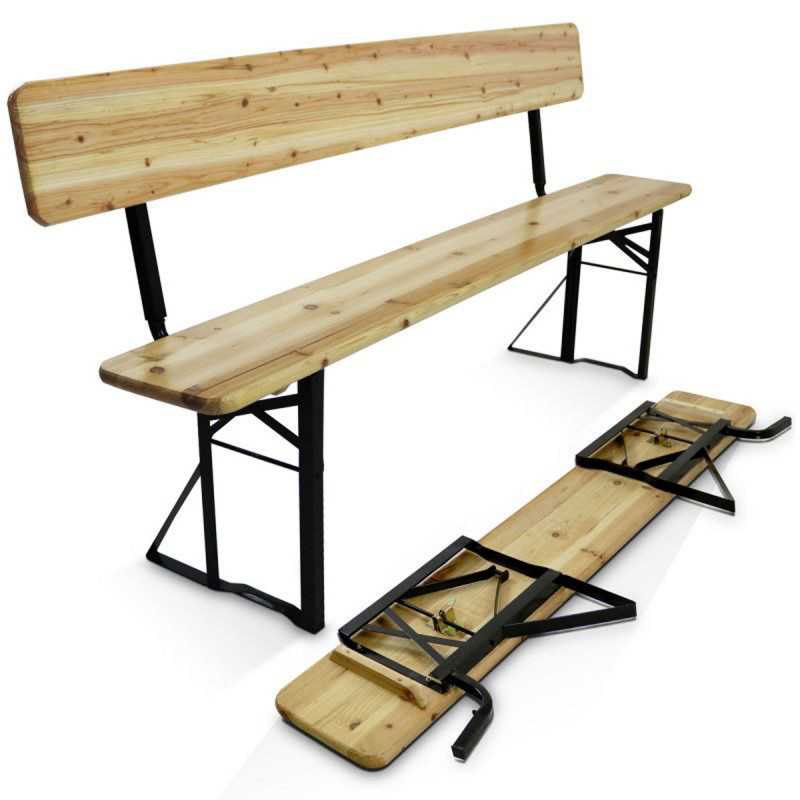 Table de 180 cm et 2 bancs pliants avec dossier en bois