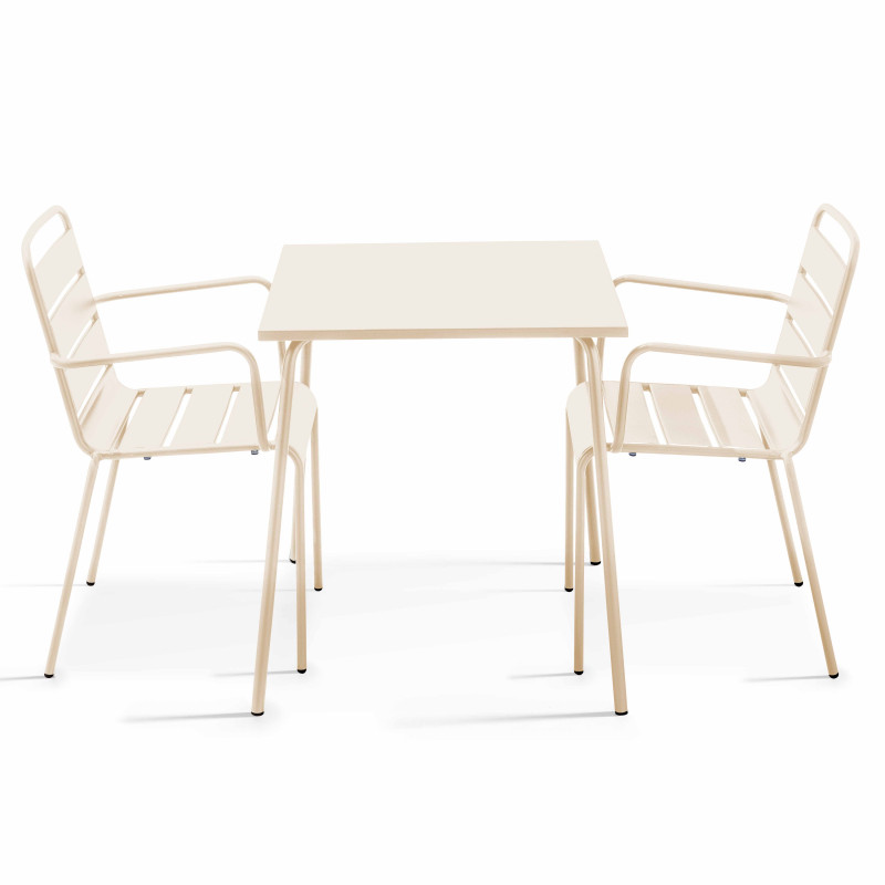 Ensemble table carrée (70x70 cm) et 2 fauteuils en métal