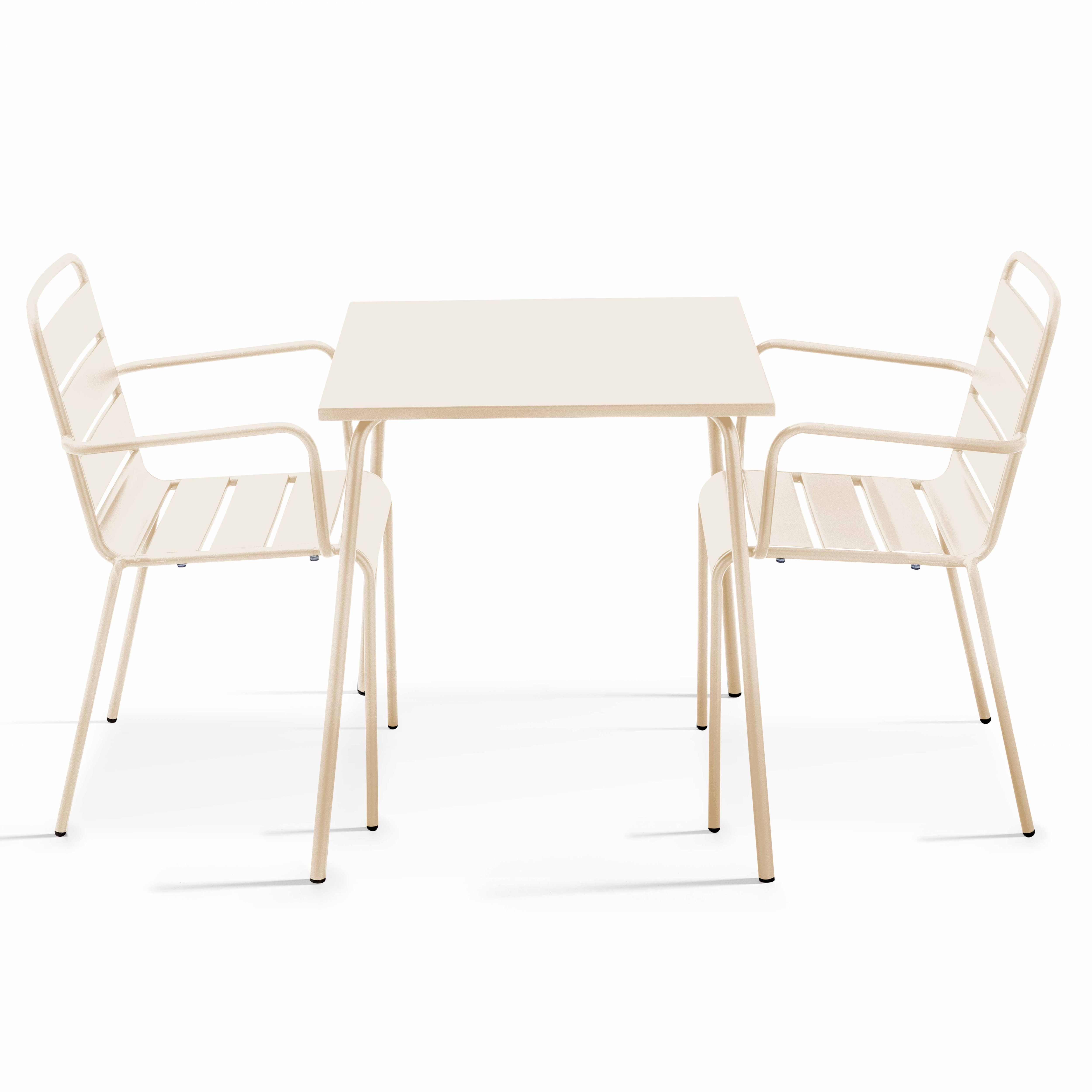 Table de terrasse bistrot carrée en métal 70x70 cm et 2 chaises avec accoudoirs