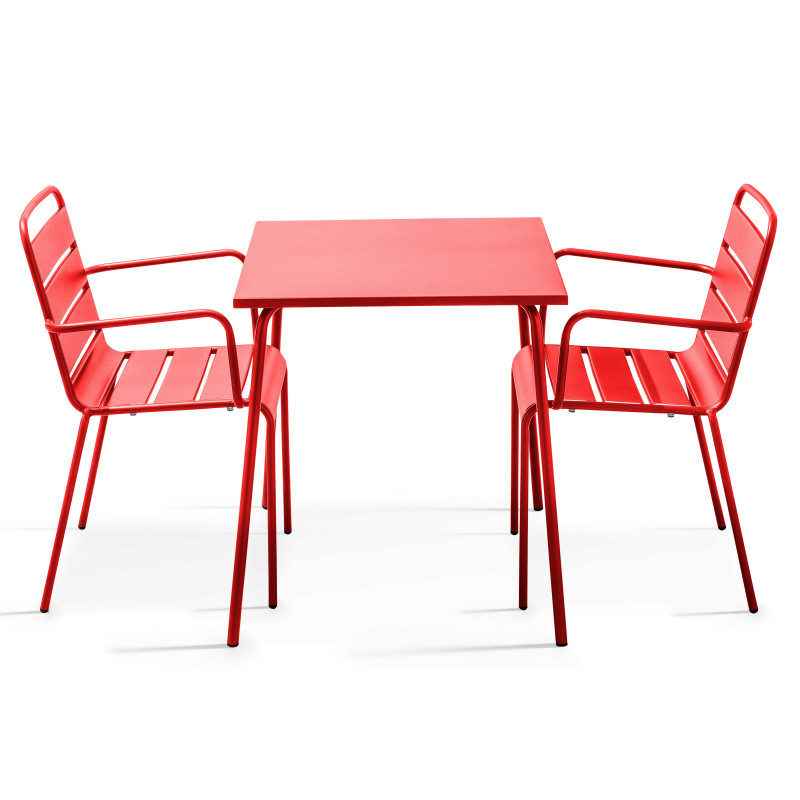 Ensemble table carrée (70x70 cm) et 2 fauteuils en métal